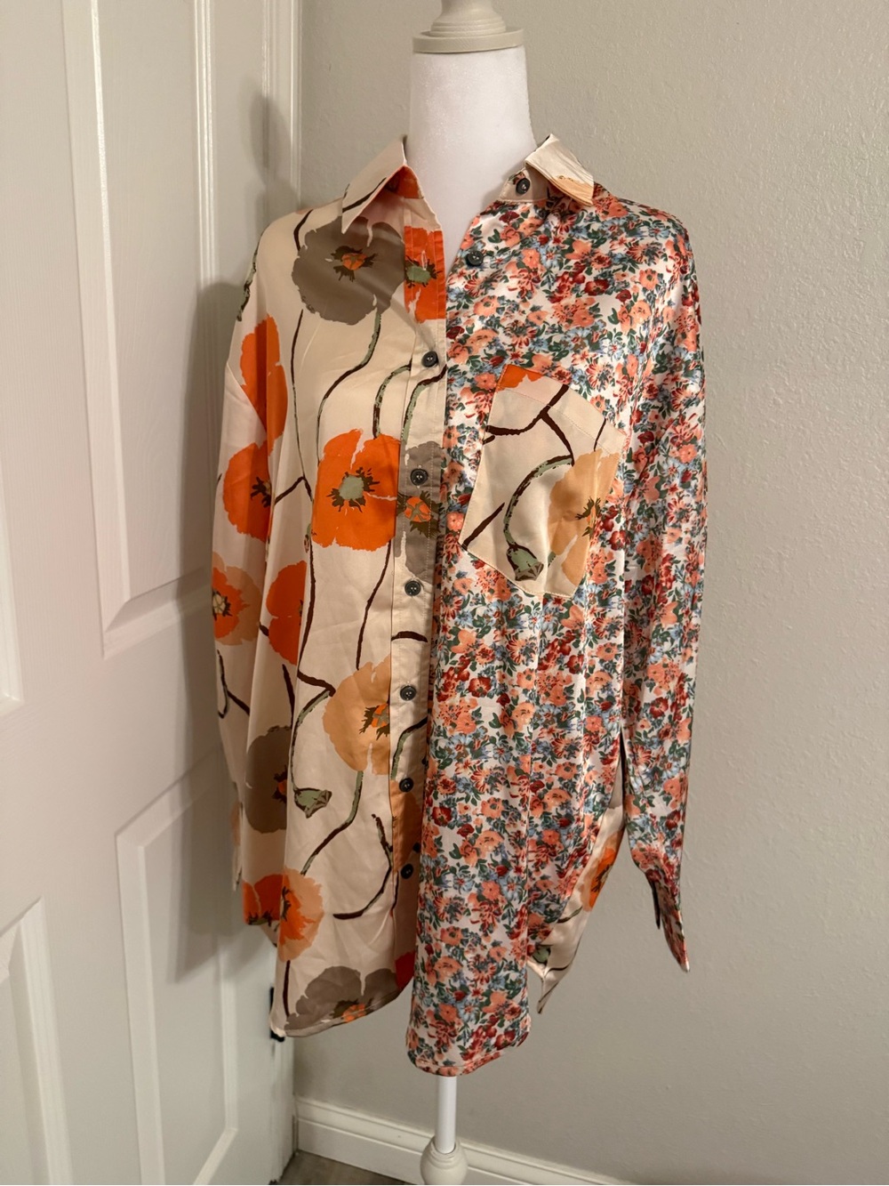 entro Two-Tone Floral Split-Print Long Sleeve Shirt - Orange Cream